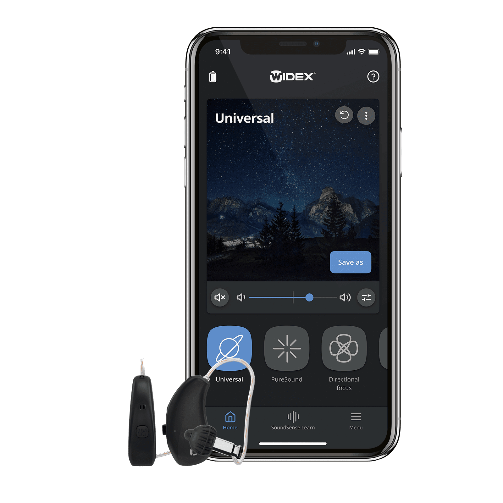 Widex Moment app running on a smartphone