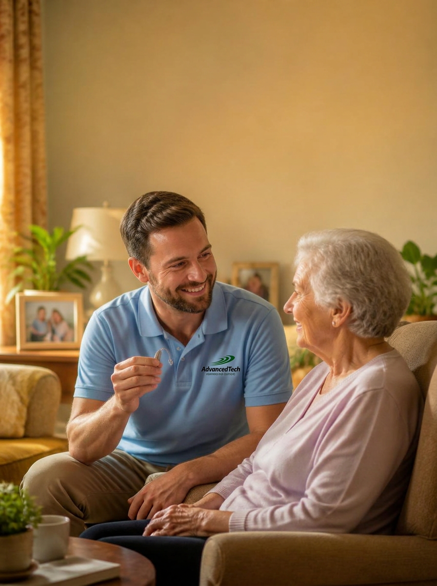 Hearing care professional showing a hearing aid to a senior patient at home